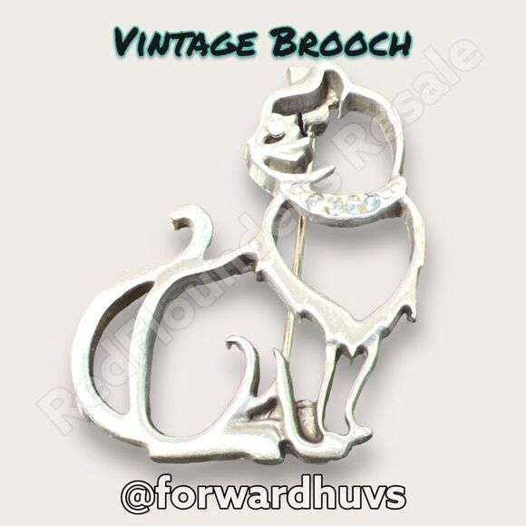 Vintage Silver Tone Metal Brooch with Rhinestone Cat Collar Marked JJ - Picture 1 of 8